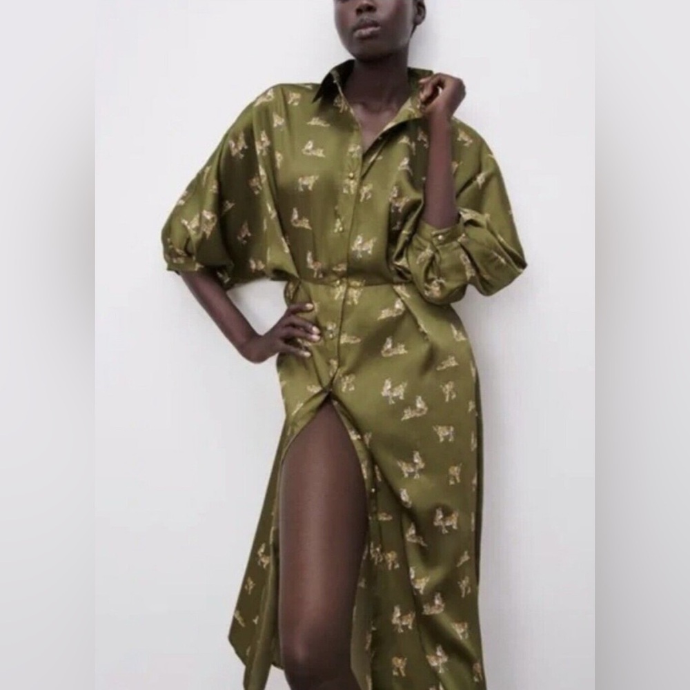 ZARA TIGER PRINT WOMEN M GREEN SILKY SATIN DOLMAN SLEEVE BUTTON FRONT MIDI DRESS